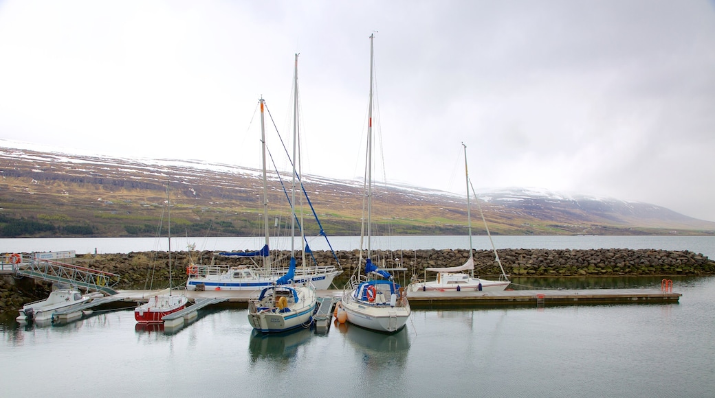 Akureyri som viser båter, bukt eller havn og seiling