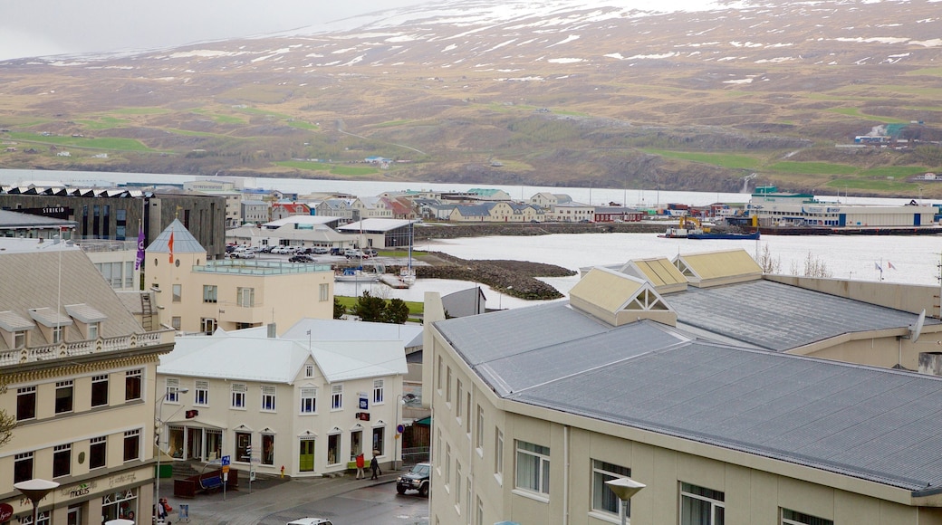 Akureyri which includes a small town or village and mist or fog