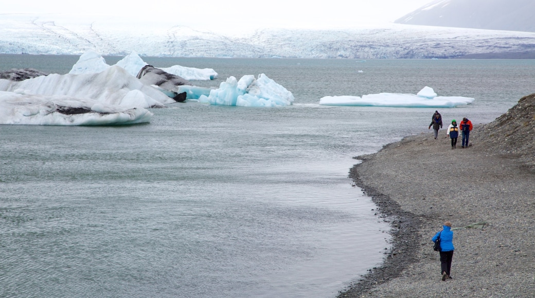 Jökulsárlón Lagune som viser sne, en stenstrand og udsigt over kystområde