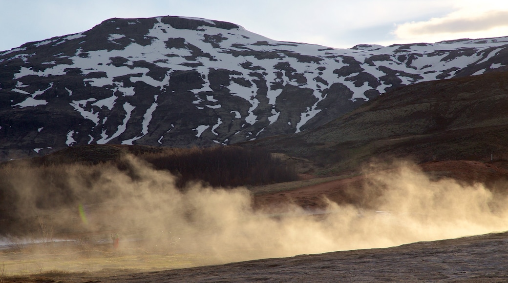 Geysir heta källor som inkluderar dimma och berg