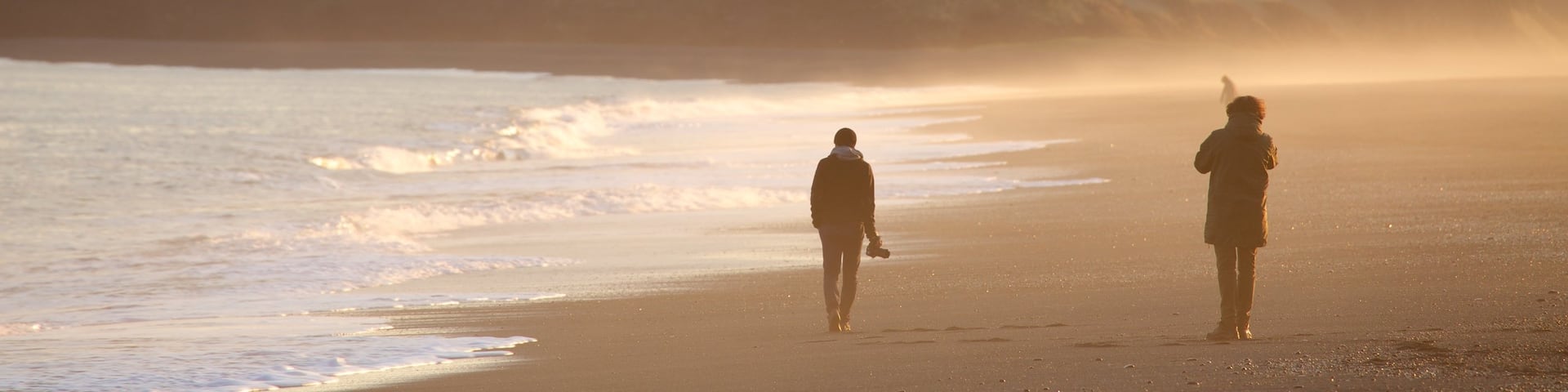 Black Beach featuring mist or fog and a sunset as well as a small group of people