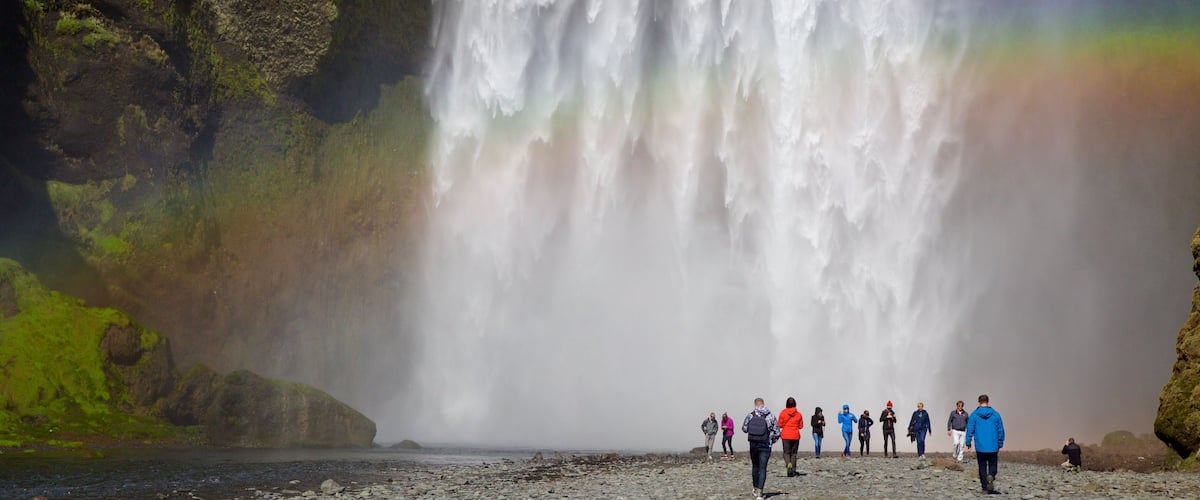 Skogar mostrando una catarata y también un gran grupo de personas