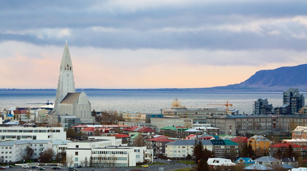 Perlan showing a coastal town and landscape views