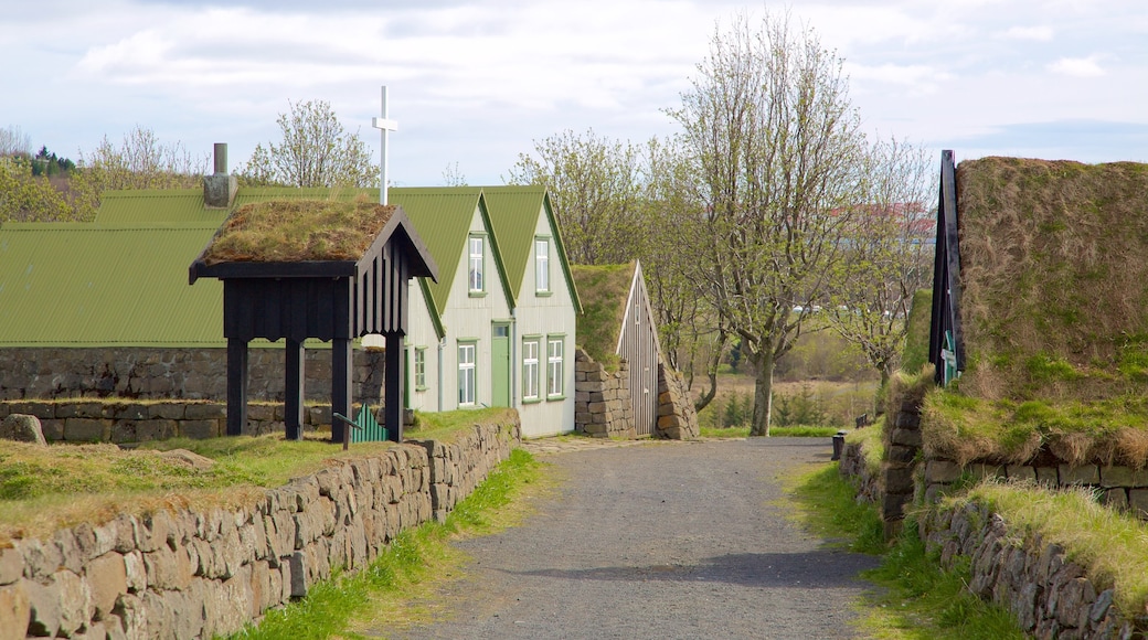 Árbæjarsafn friluftsmuseum presenterar åkrar, ett hus och gatuliv