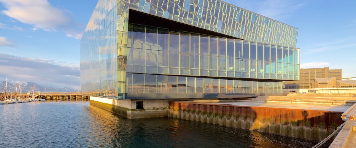 Harpa which includes modern architecture and general coastal views