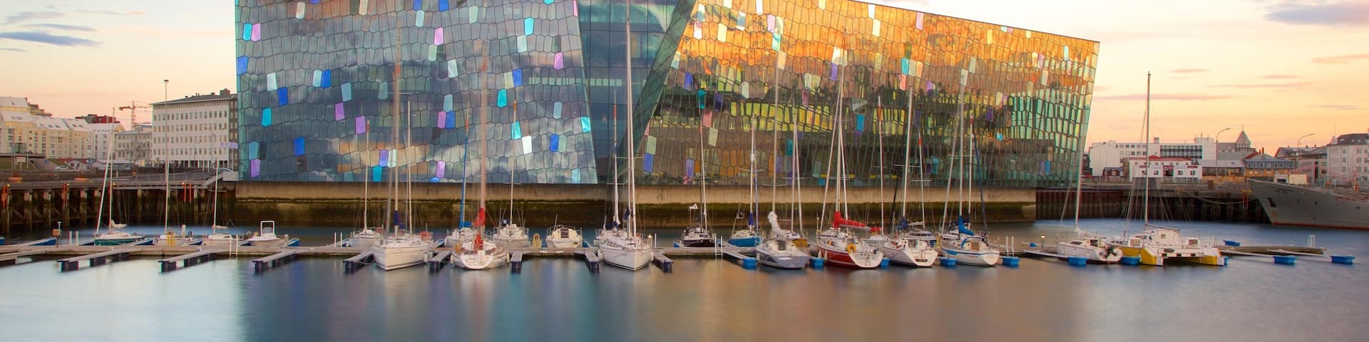Konzerthaus Harpa welches beinhaltet allgemeine Küstenansicht, Bucht oder Hafen und Sonnenuntergang