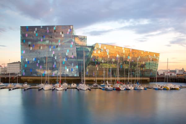 Harpa som inkluderar kustutsikter, en solnedgÄng och en hamn eller havsbukt