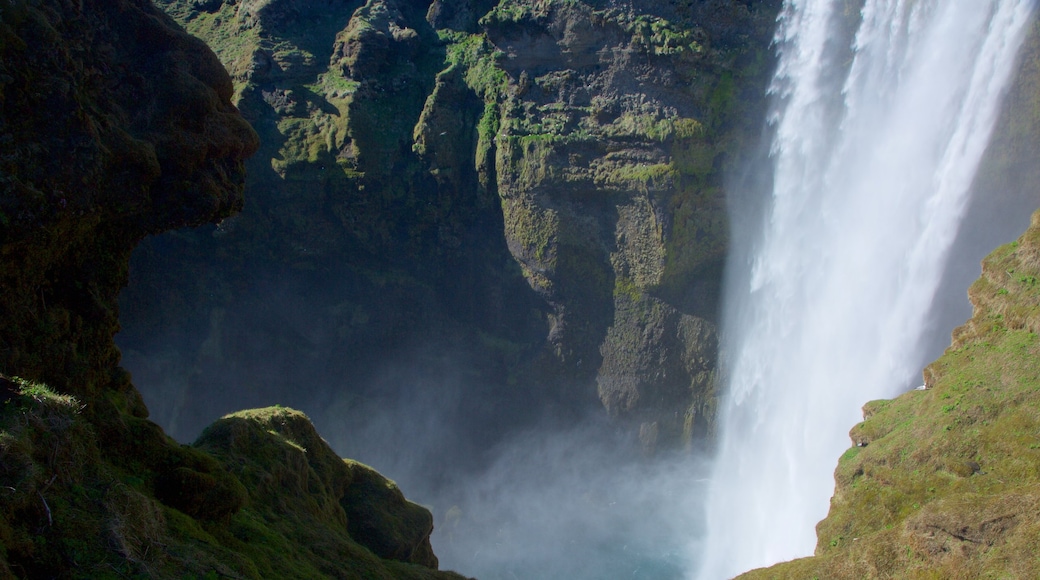 Skógafoss som inkluderar en ravin eller kanjon och ett vattenfall