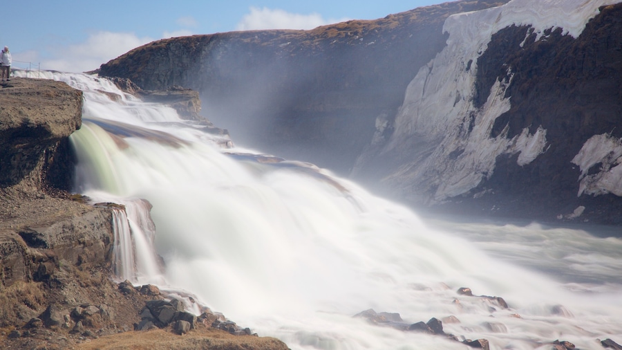 Gullfoss Waterfall which includes mist or fog, rapids and a waterfall
