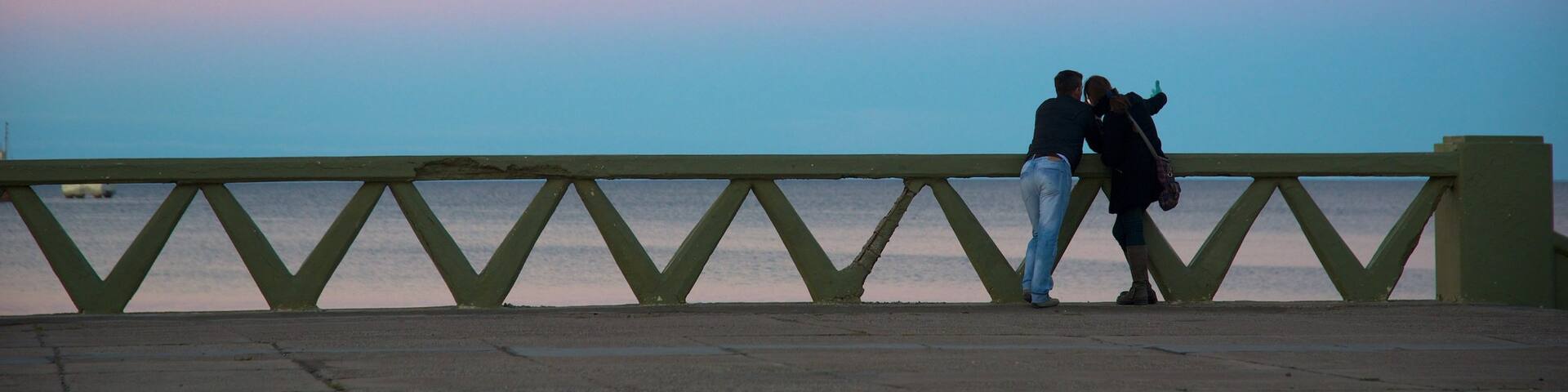 Puerto Madryn Beach featuring a sunset as well as a couple