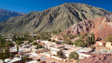 Purmamarca som inkluderar öknar, berg och en liten stad eller by