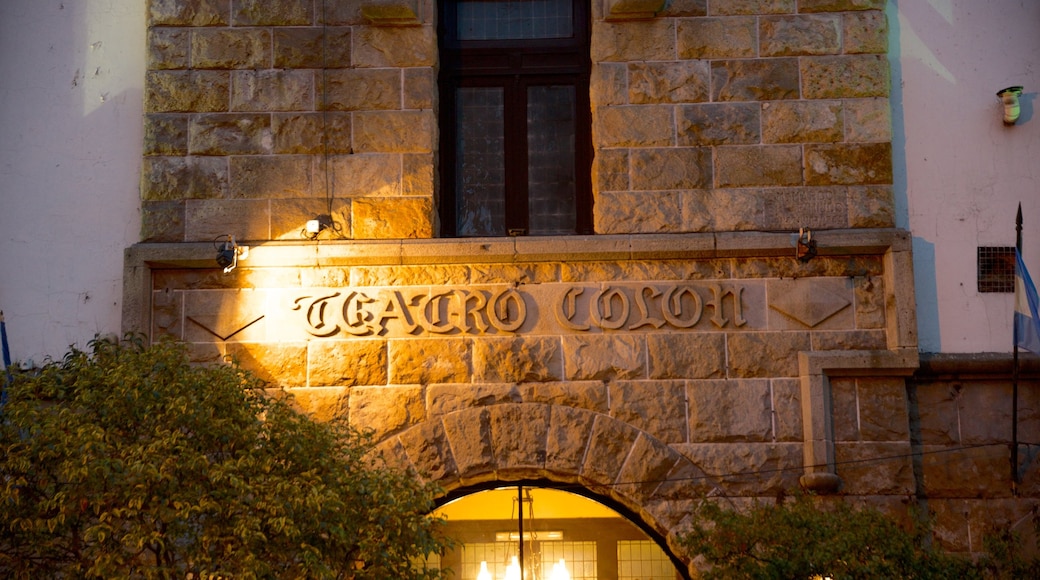 Teatro Colón che include segnaletica e paesaggio notturno