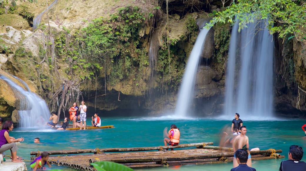 Kawasan Falls toont een rivier of beek, een waterval en zwemmen