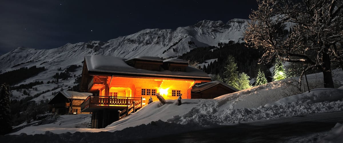 Les Diablerets showing snow, night scenes and a house