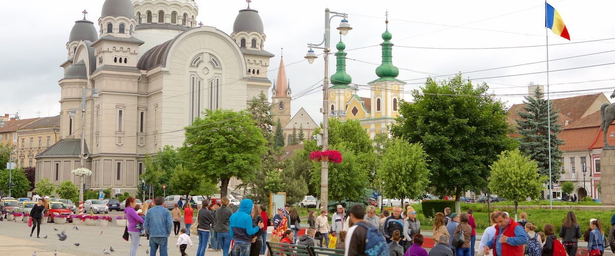 Tirgu Mures showing a square or plaza as well as a large group of people