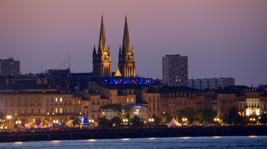 Cathedrale St. Andre showing a city, a river or creek and night scenes