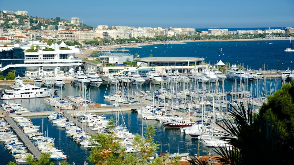Haven van Cannes toont een jachthaven en een kuststadje