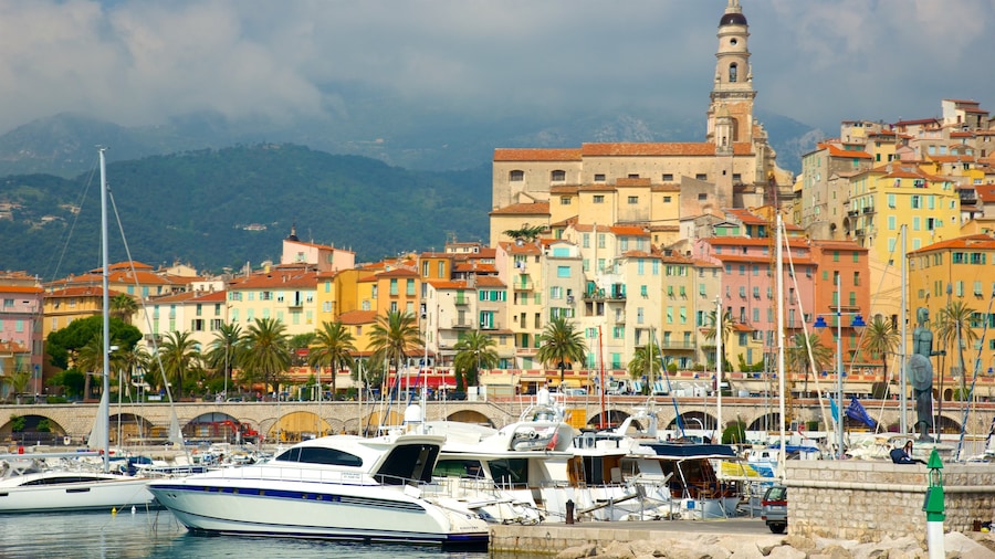 Menton which includes a coastal town and a marina