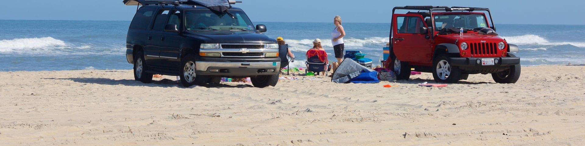 Assateague Island National Seashore showing a beach and 4 wheel driving as well as a small group of people
