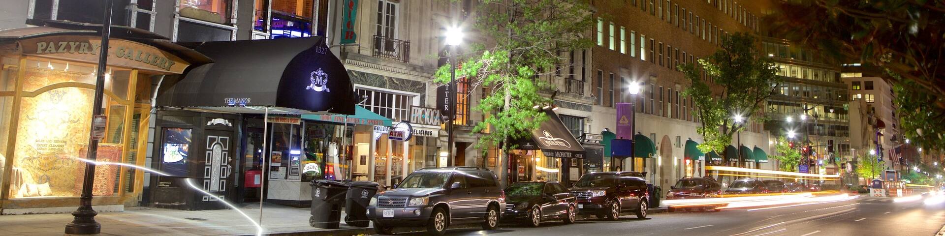 Downtown Washington D.C. showing night scenes, street scenes and a city