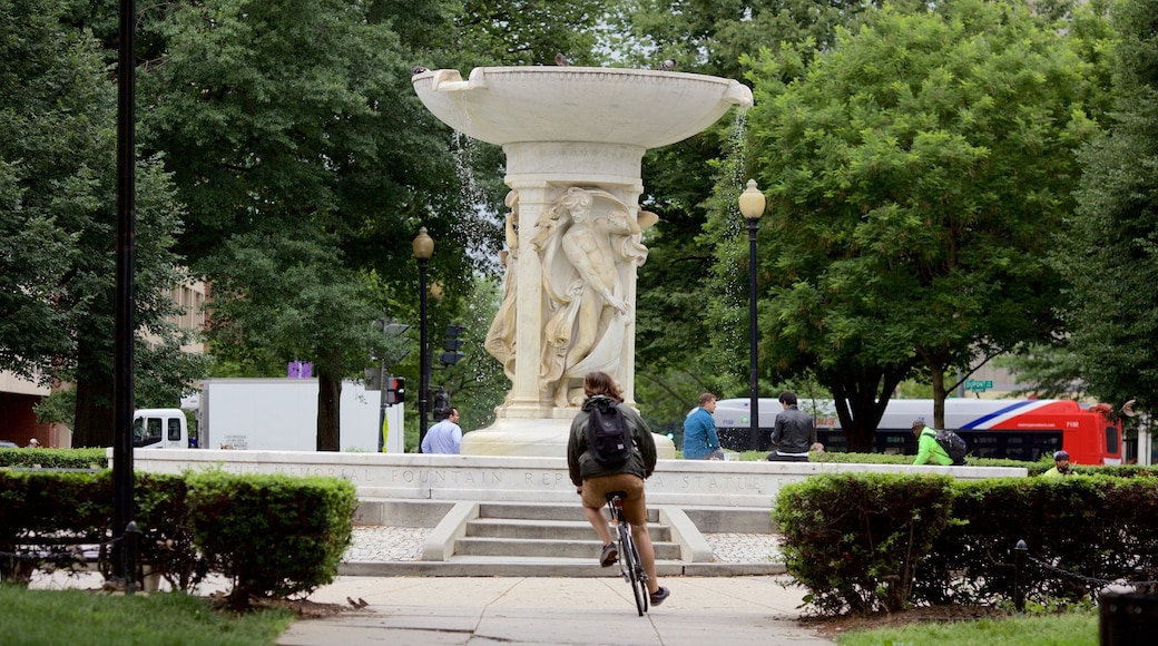 Downtown Washington D.C. featuring a park, a fountain and cycling