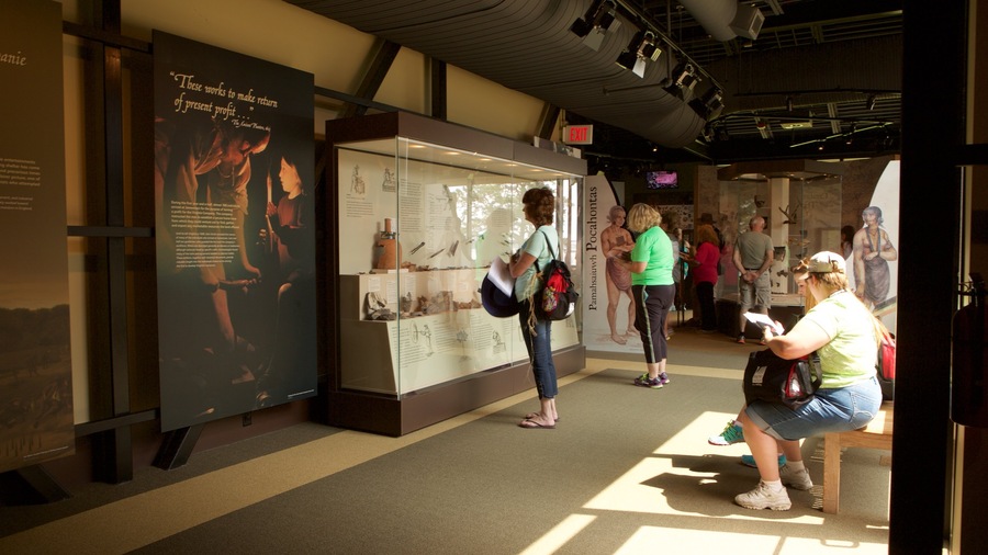 Jamestown National Historic Site featuring interior views as well as a small group of people