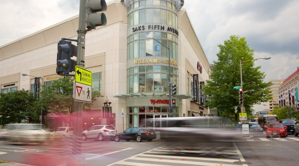 Friendship Heights showing signage, street scenes and shopping