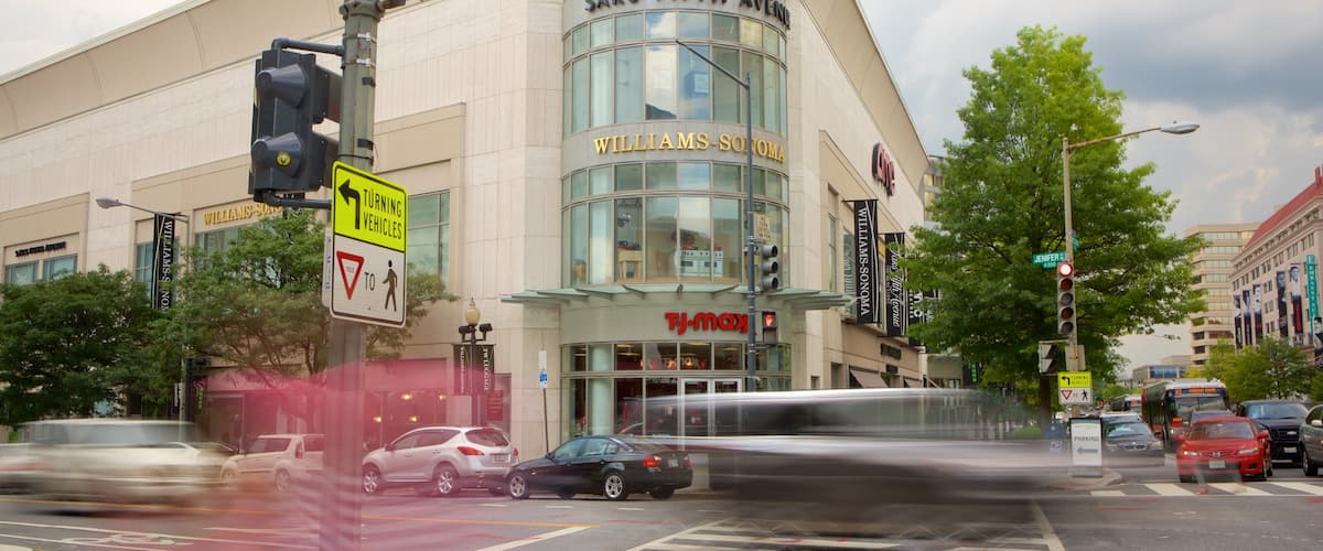 Friendship Heights showing signage, shopping and street scenes
