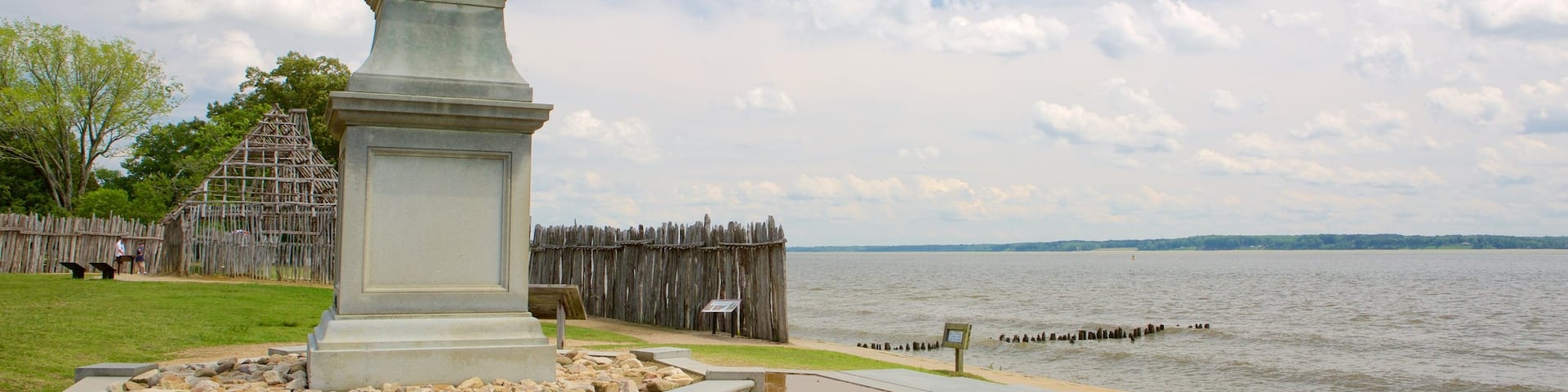 Historic Jamestowne showing general coastal views, a monument and a statue or sculpture