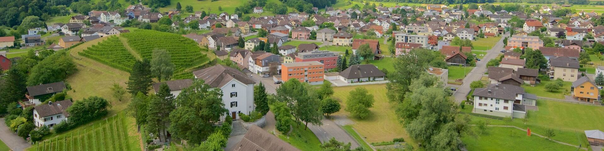 Liechtenstein showing a small town or village, farmland and landscape views
