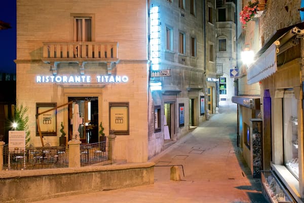 Piazza del Titano featuring night scenes, a city and street scenes