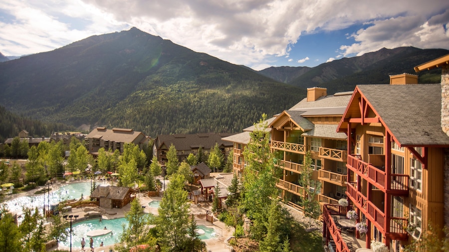 Panorama Mountain Ski Area which includes a small town or village, mountains and a luxury hotel or resort