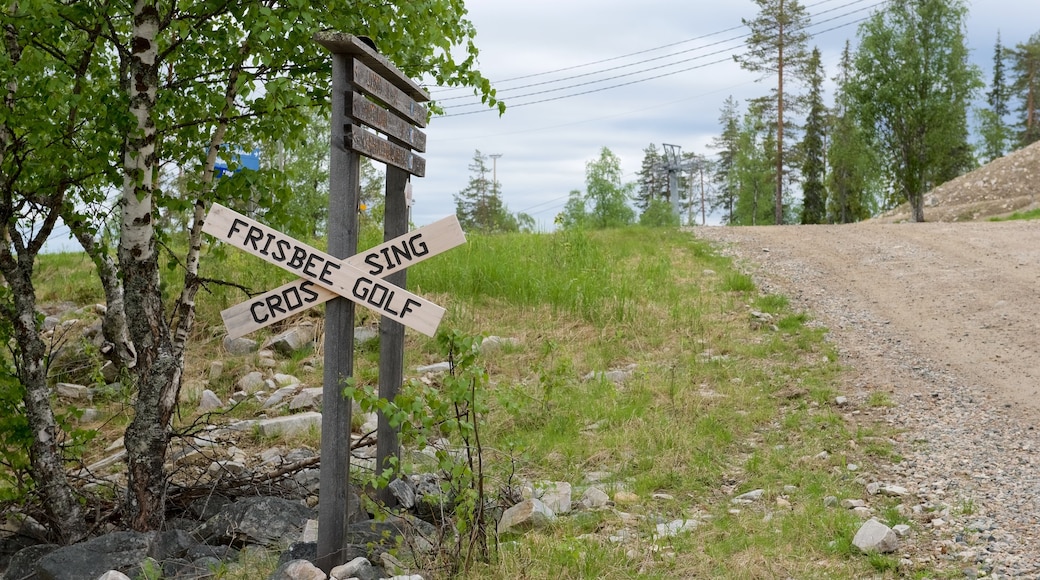 Pyhätunturi som visar stillsam natur och skyltar