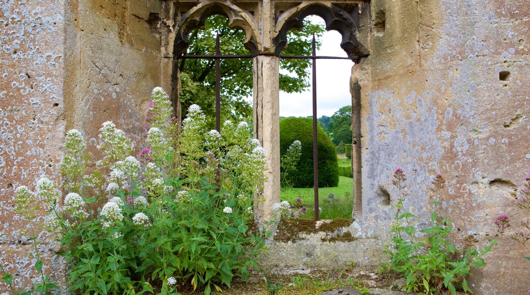 Sudeley slott som inkluderar blommor och ruiner