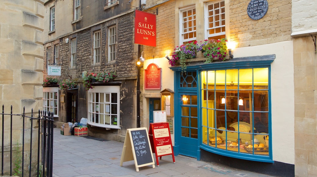 Sally Lunn\'s featuring signage and a city