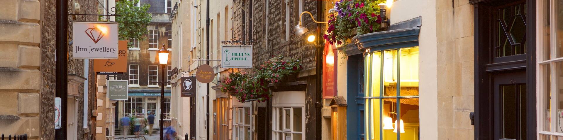 Sally Lunn\'s which includes street scenes, signage and a city