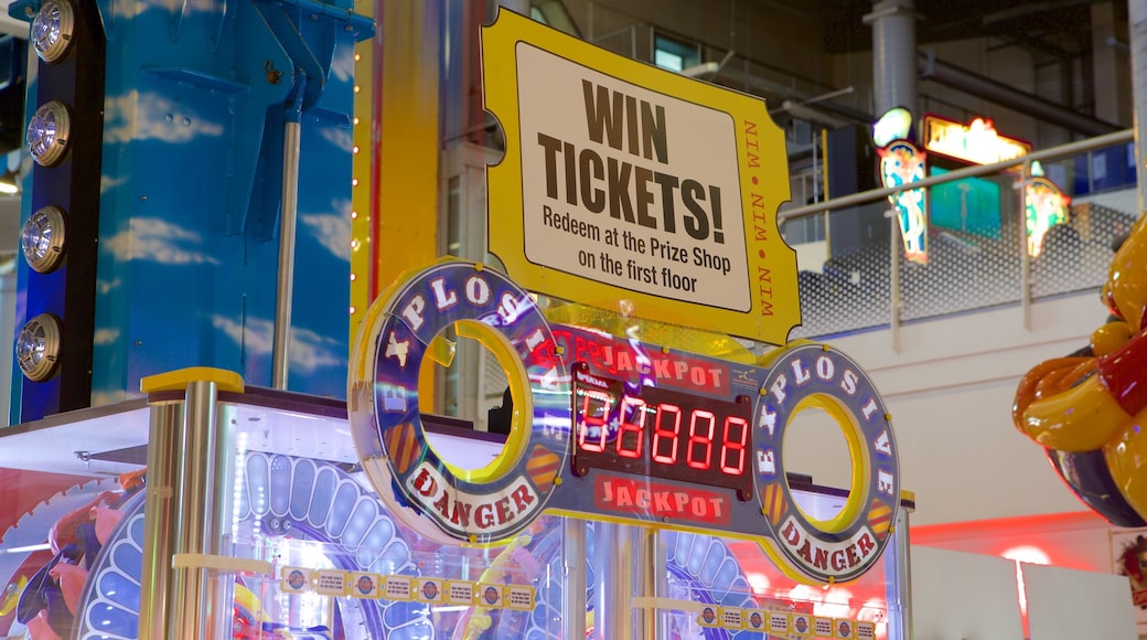 The Grand Pier featuring interior views, signage and rides