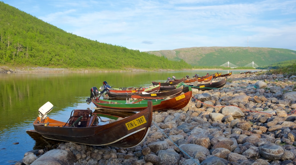 Utsjoki which includes tranquil scenes, boating and a pebble beach