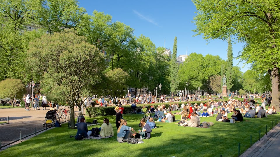 Esplanadi showing a garden and picnicing as well as a large group of people