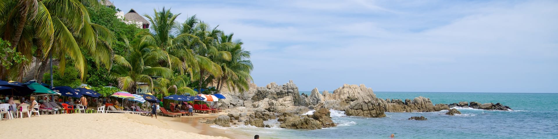 Puerto Escondido which includes tropical scenes, a sandy beach and rugged coastline