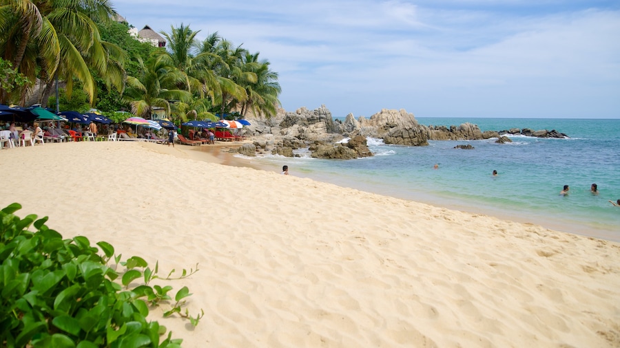 Puerto Escondido mostrando una playa, escenas tropicales y costa rocosa