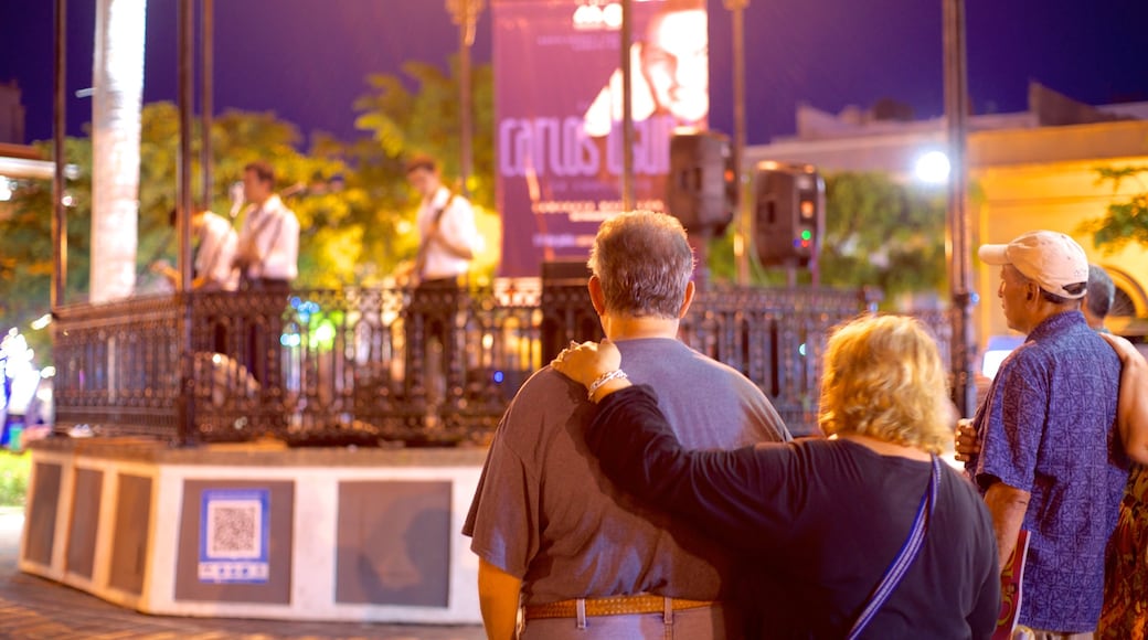 Plaza Machado showing street performance and night scenes as well as a couple