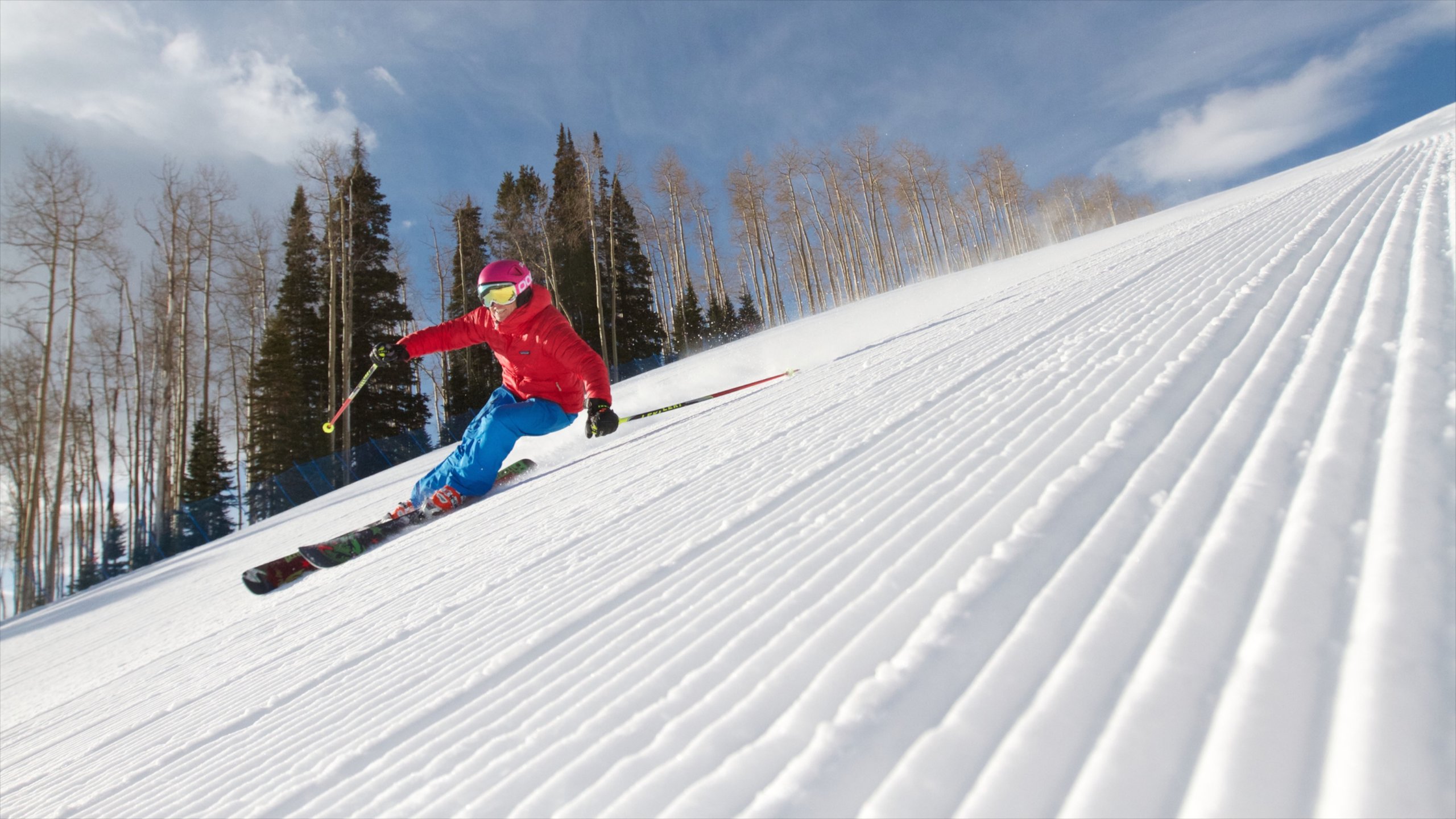 Skigebiet Buttermilk Mountain mit einem Schnee und Skifahren sowie einzelne Frau