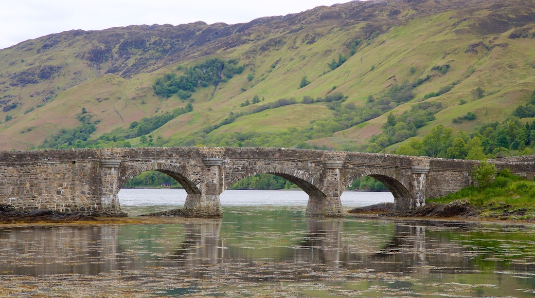 Eilean Donan Castle showing a river or creek, a bridge and heritage elements