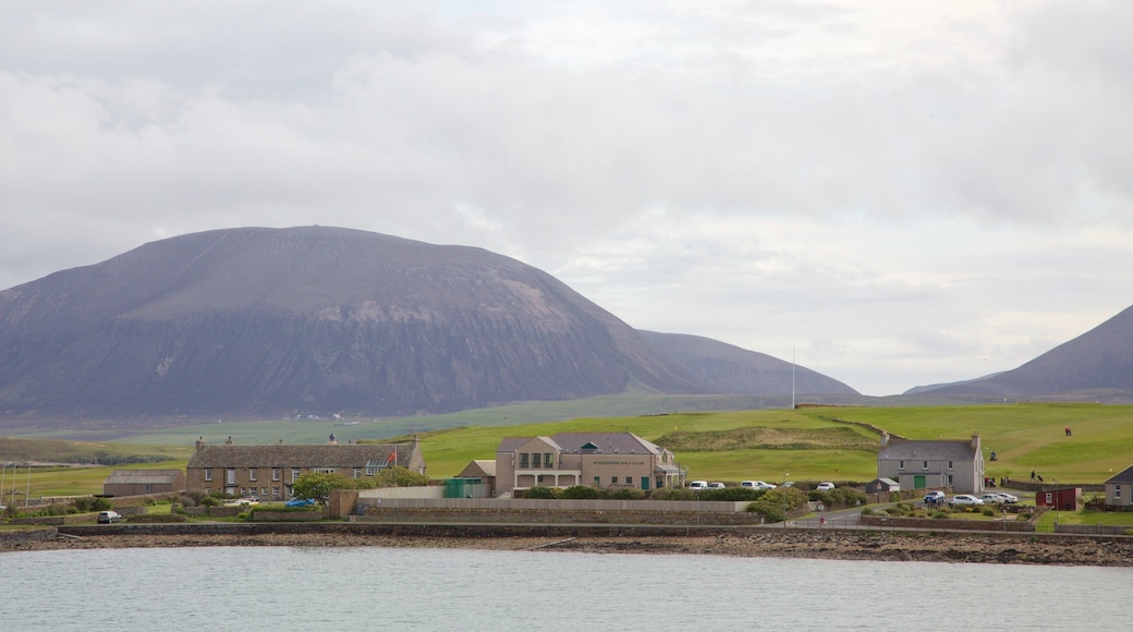 Ward Hill showing a coastal town and mountains