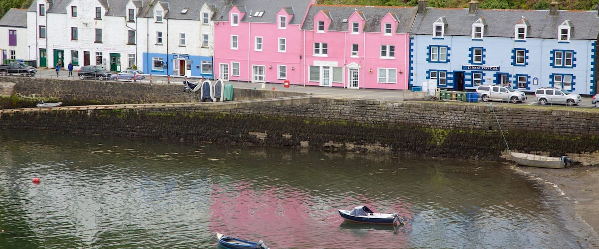 Puerto de Portree ofreciendo una bahía o puerto y una ciudad costera