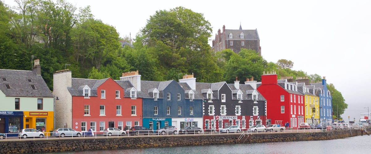 Isle of Mull showing a coastal town and a bay or harbor