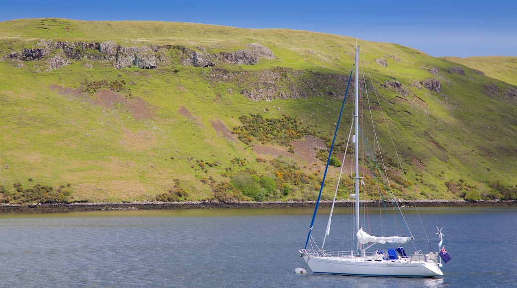 Talisker Distillery which includes boating, sailing and tranquil scenes