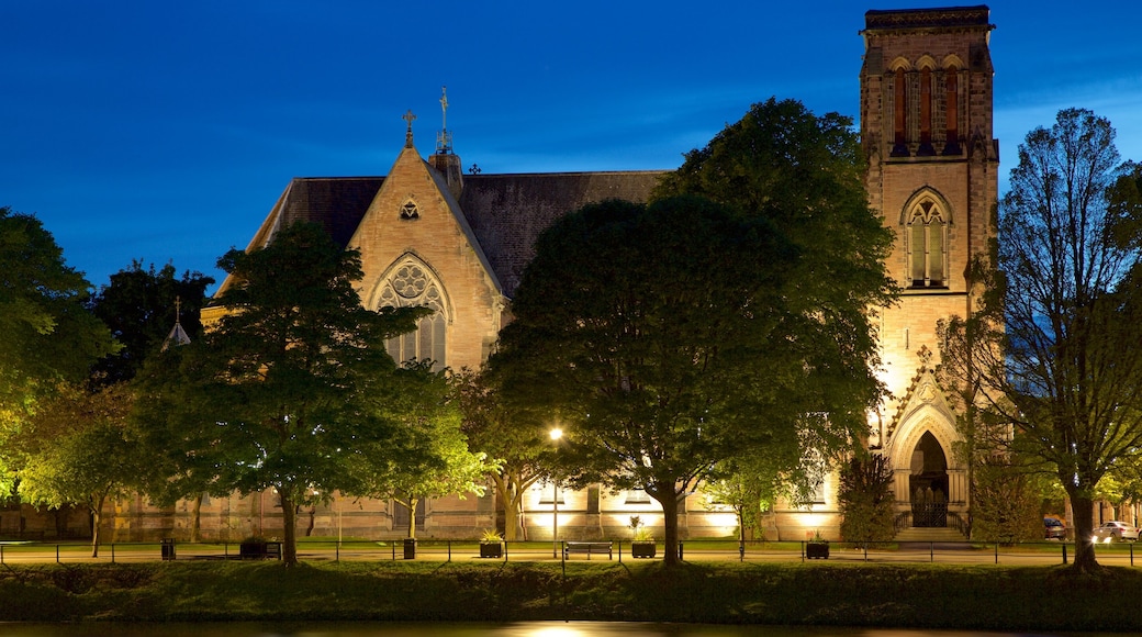 Inverness Cathedral showing night scenes, a church or cathedral and heritage architecture