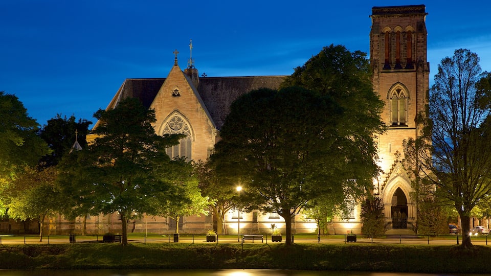 Inverness Cathedral featuring heritage elements, night scenes and a church or cathedral